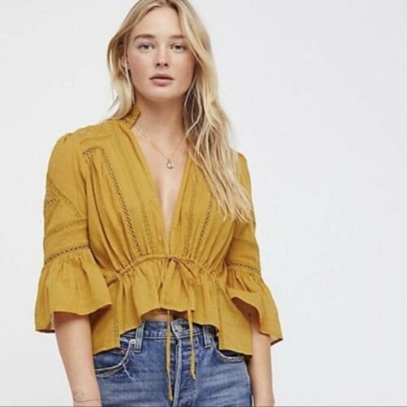 Free People Tops - FREE PEOPLE Roam In Love Crochet Flared Sleeve Mustard Yellow Blouse Top M